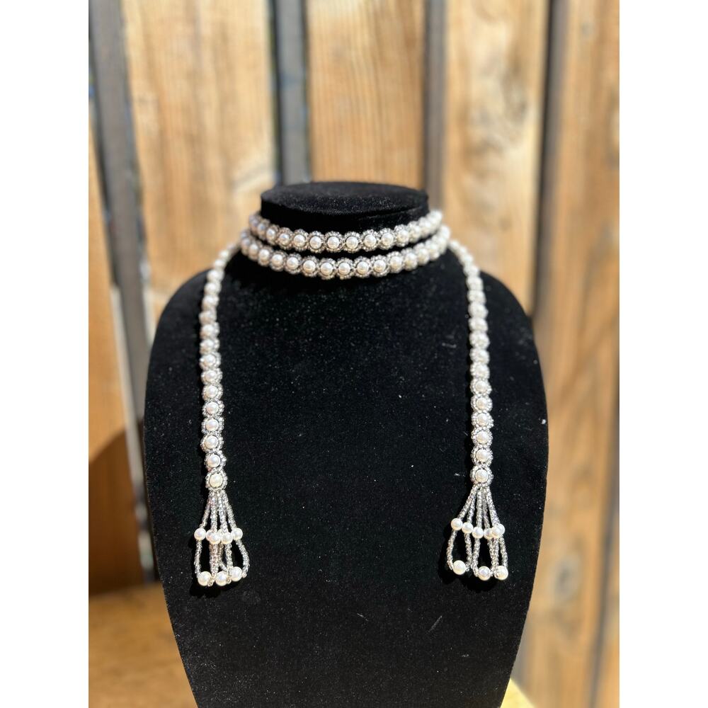 Beaded Lariat Faux Pearls Tassels Necklace Unmarked Adjustable 45in long